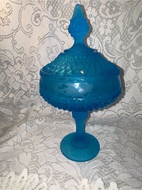vintage Indiana Glass blue satin Diamond Point pedestal candy dish with a lid.